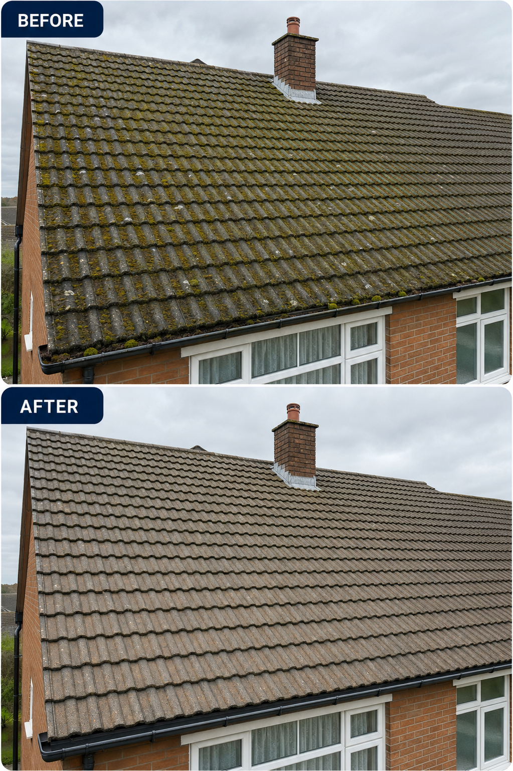 Before and after example of professional roof cleaning