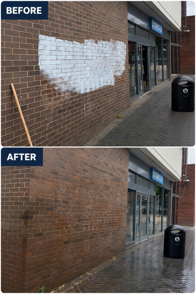 Graffiti removal before and after at Greggs in Eccles