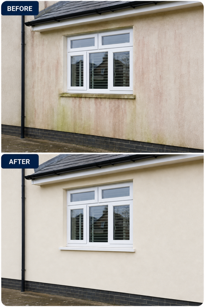 Before and after soft washing of exterior render, showing red and green algae staining cleaned from the same property.