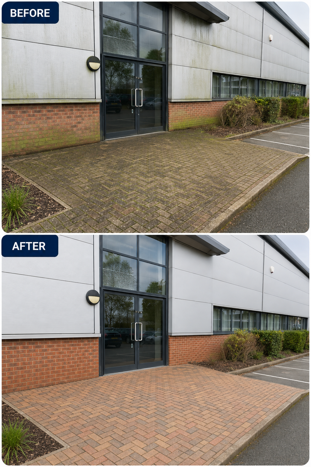 Before and after comparison of a commercial building exterior following professional cleaning