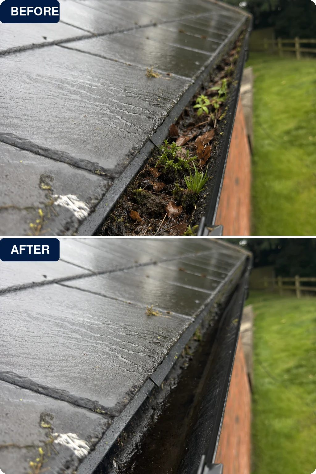 Before and after example of professional gutter cleaning